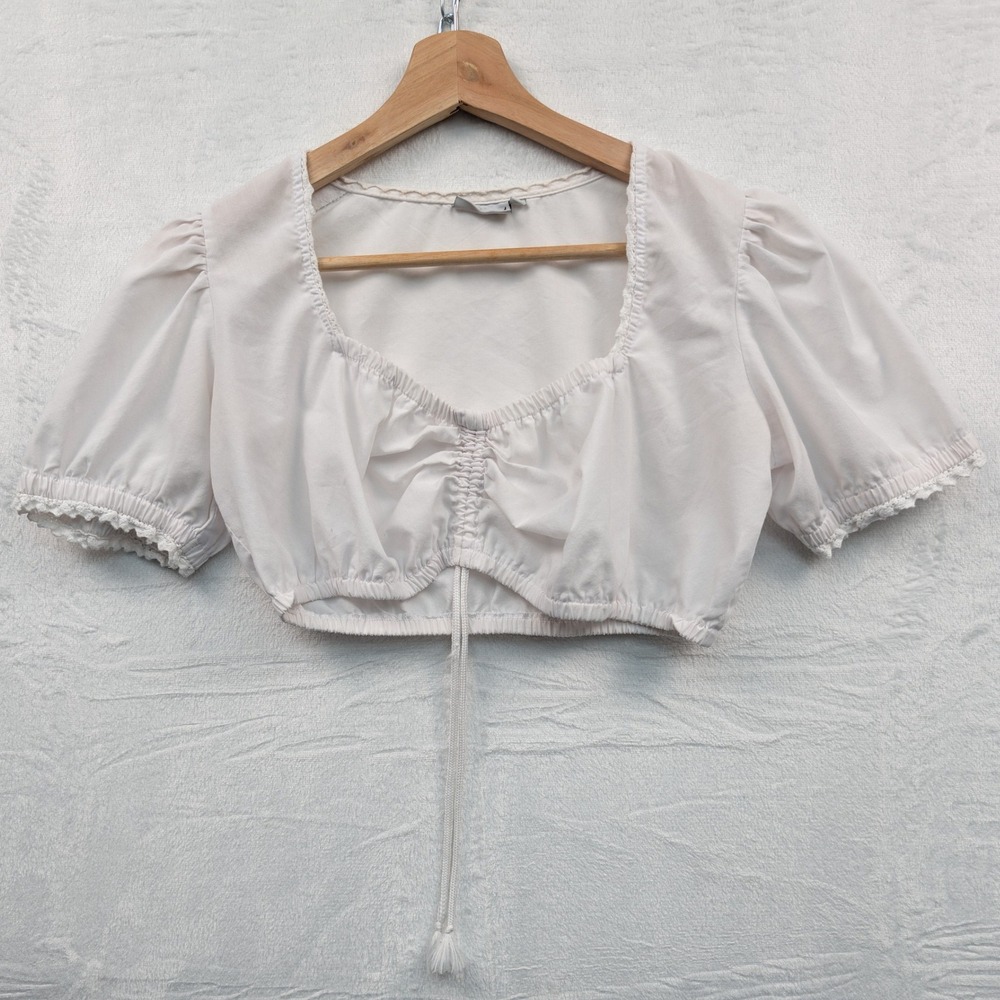 VTG Milkmaid Blouse Women's M White Cottagecore Lace Trim Cropped Dirndl Y2K